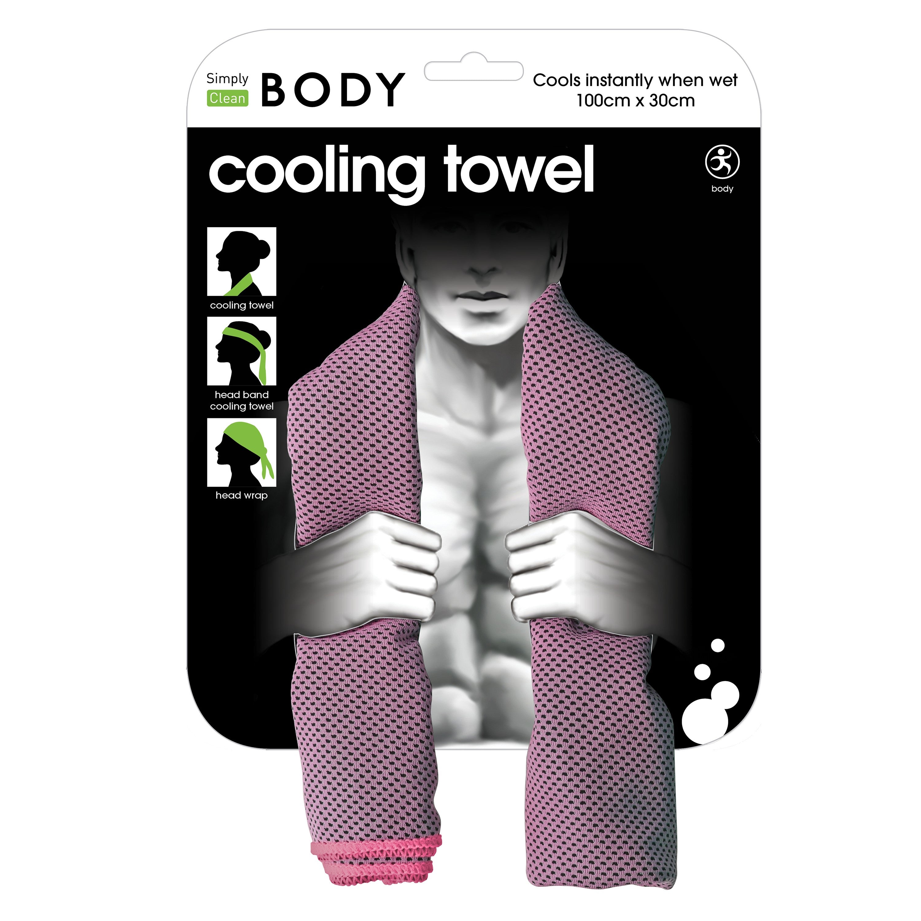 Packaging of a cooling towel with a person wearing it on a white background. Simply Clean Active Body Cooling Towel for Sports