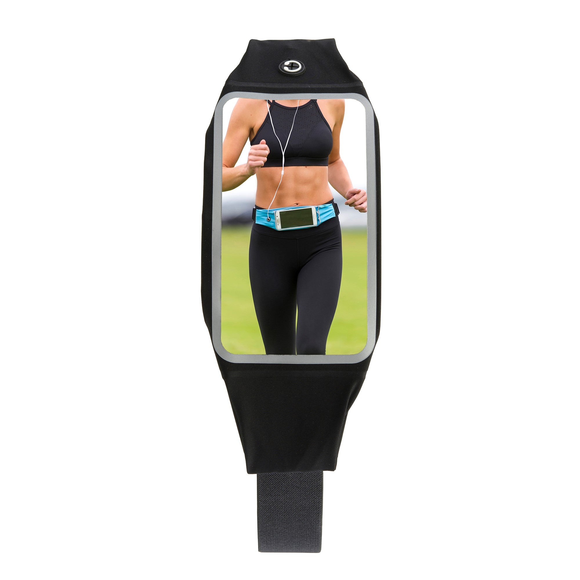 Black running belt with a reflective panel showing a person jogging on a grassy field. Simply Clean Active Adjustable Waistpack