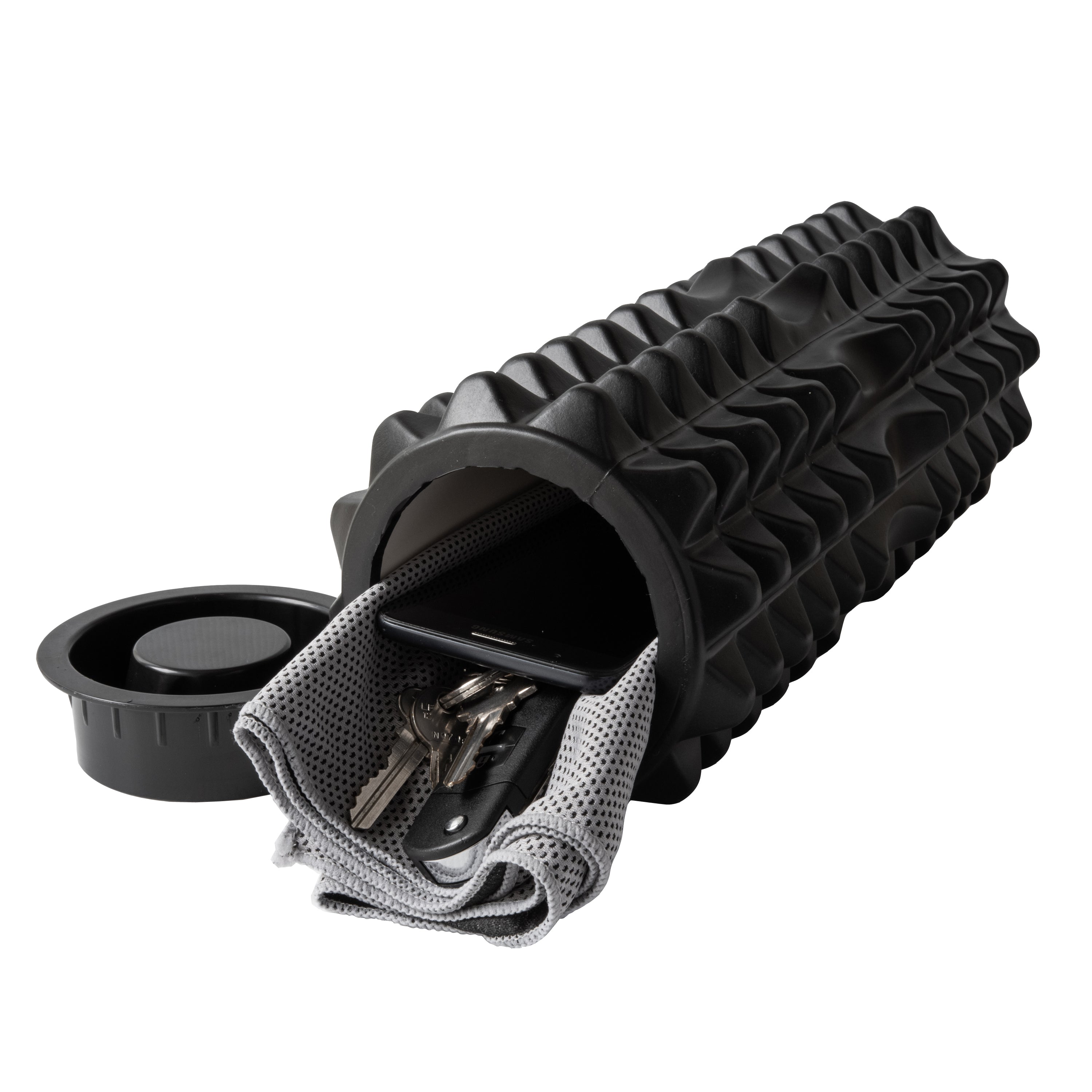 Black massage roller with a gray towel on a white background. Simply Clean Active Foam Rollers