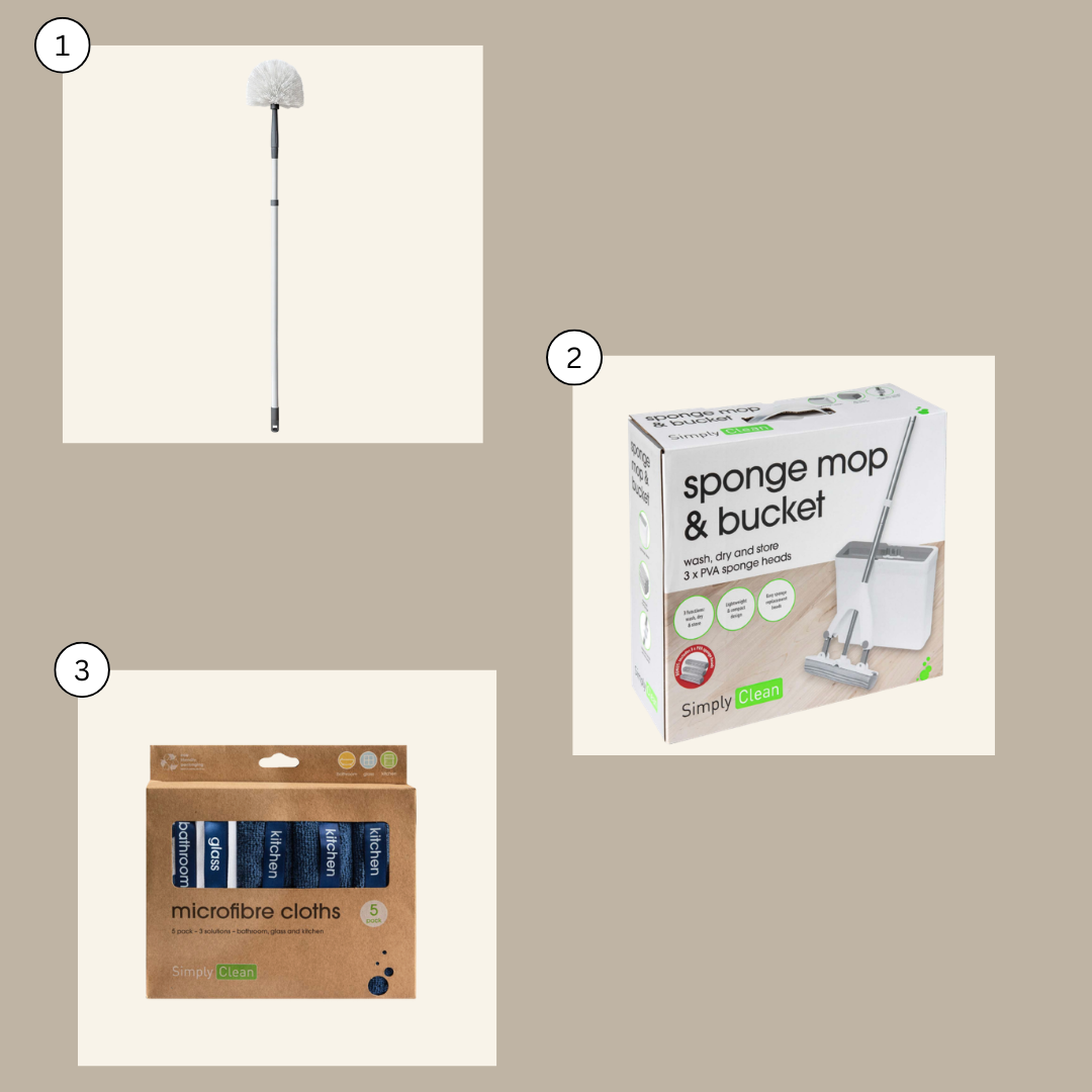 Three cleaning products: a mop, a sponge mop & bucket set, and microfibre cloths on a beige background. Simply Clean Home Essentials Bundle