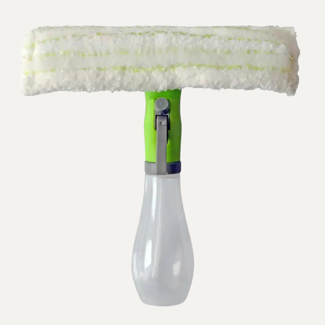 Cleaning tool with white roller and green handle on a white background. Simply Clean 3 in 1 Spray Window Cleaner