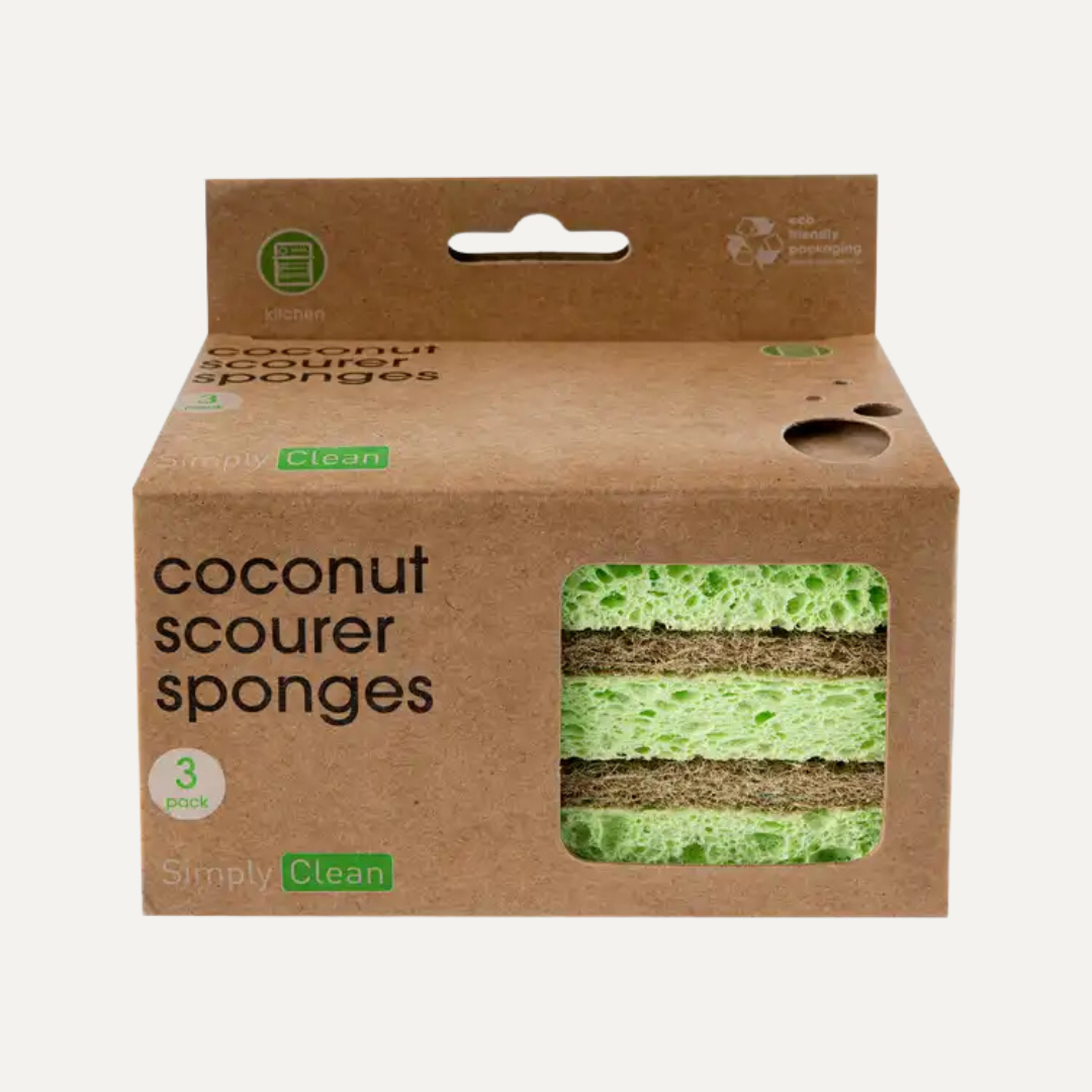 Package of coconut scourer sponges with a clear window showing the green sponges inside. Simply Clean Coconut Fibre Sponges 3 Pack