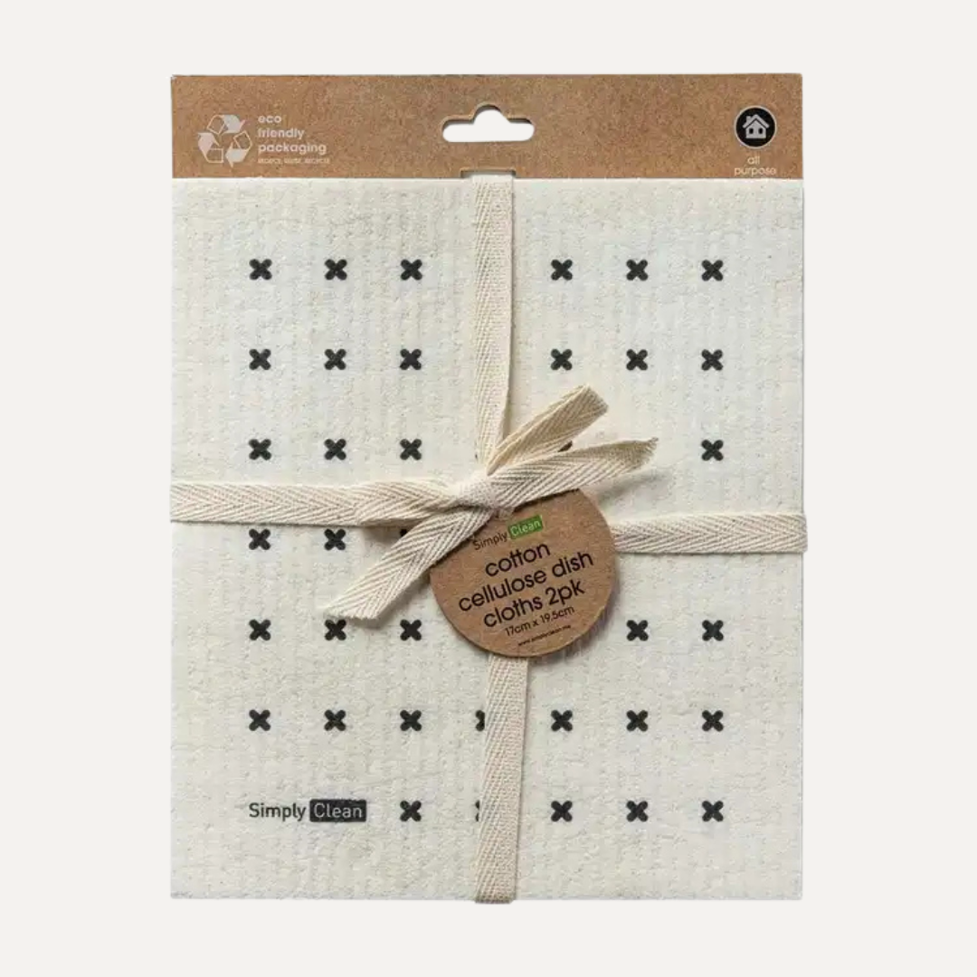 Packaged cotton cellulose dish cloths with a bow and 'Simply Clean' label on a white background. Cotton Cellulose Dish Cloths 2 Pack