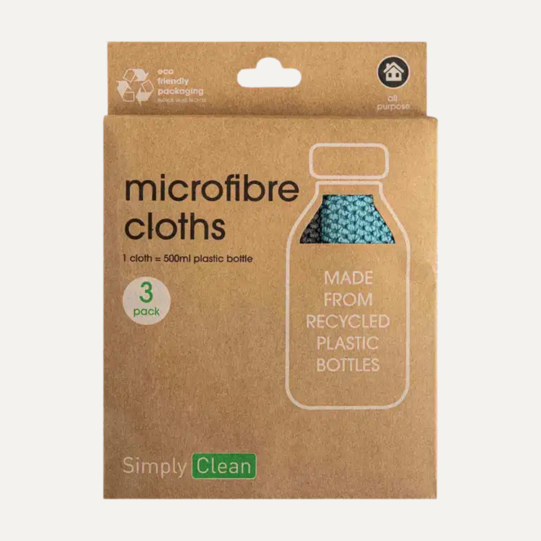 Packaging of microfibre cloths made from recycled plastic bottles with 'Simply Clean' branding. Microfibre Cloths made from PET bottles - 3 Pack