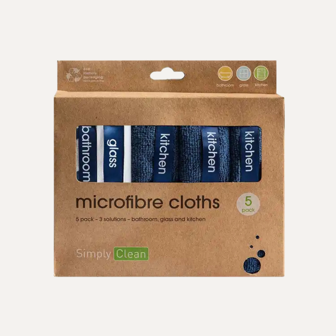 Packaging of microfibre cloths with labels for different surfaces on a white background. Simply Clean Microfibre Cloths