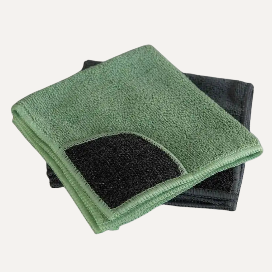 Green and black microfiber cleaning cloths on a white background. Simply Clean Microfibre Cloth with Scrubbing Corners