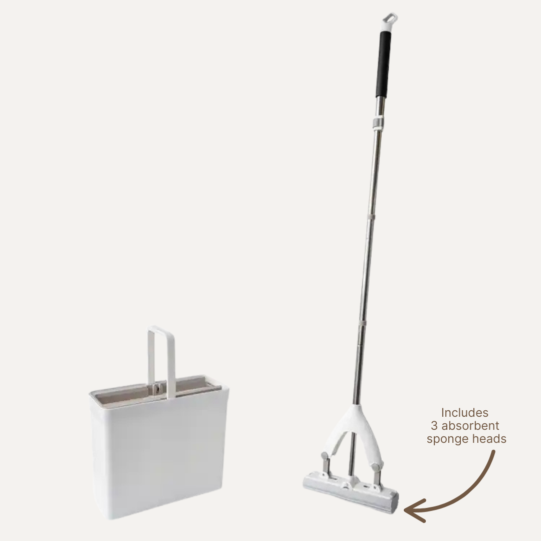 Cleaning mop with extendable handle and bucket on a white background. Simply Clean Sponge Mop & Bucket Set