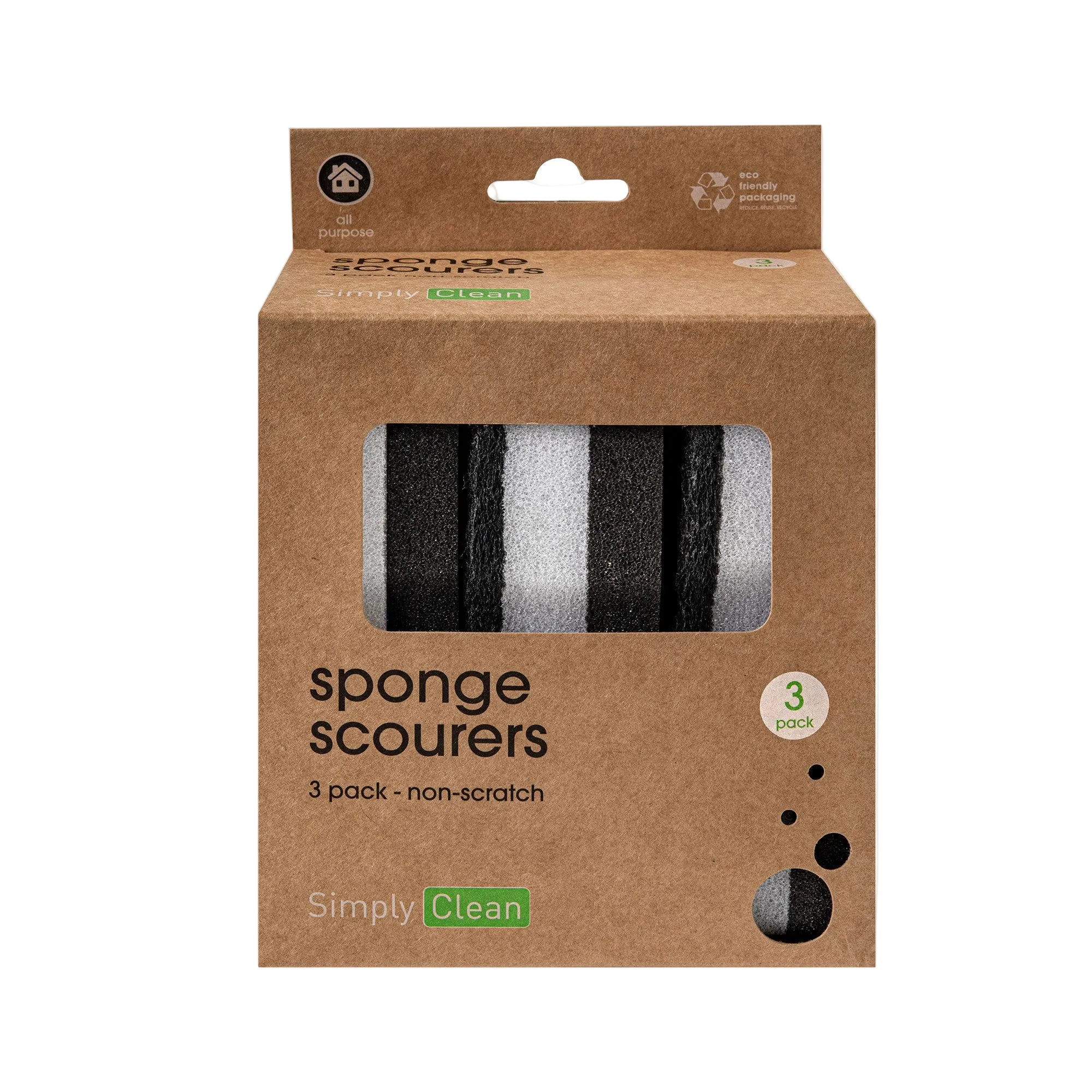 Package of sponge scourers with a clear window showing the product inside, on a white background. Simply Clean Sponge Scourers