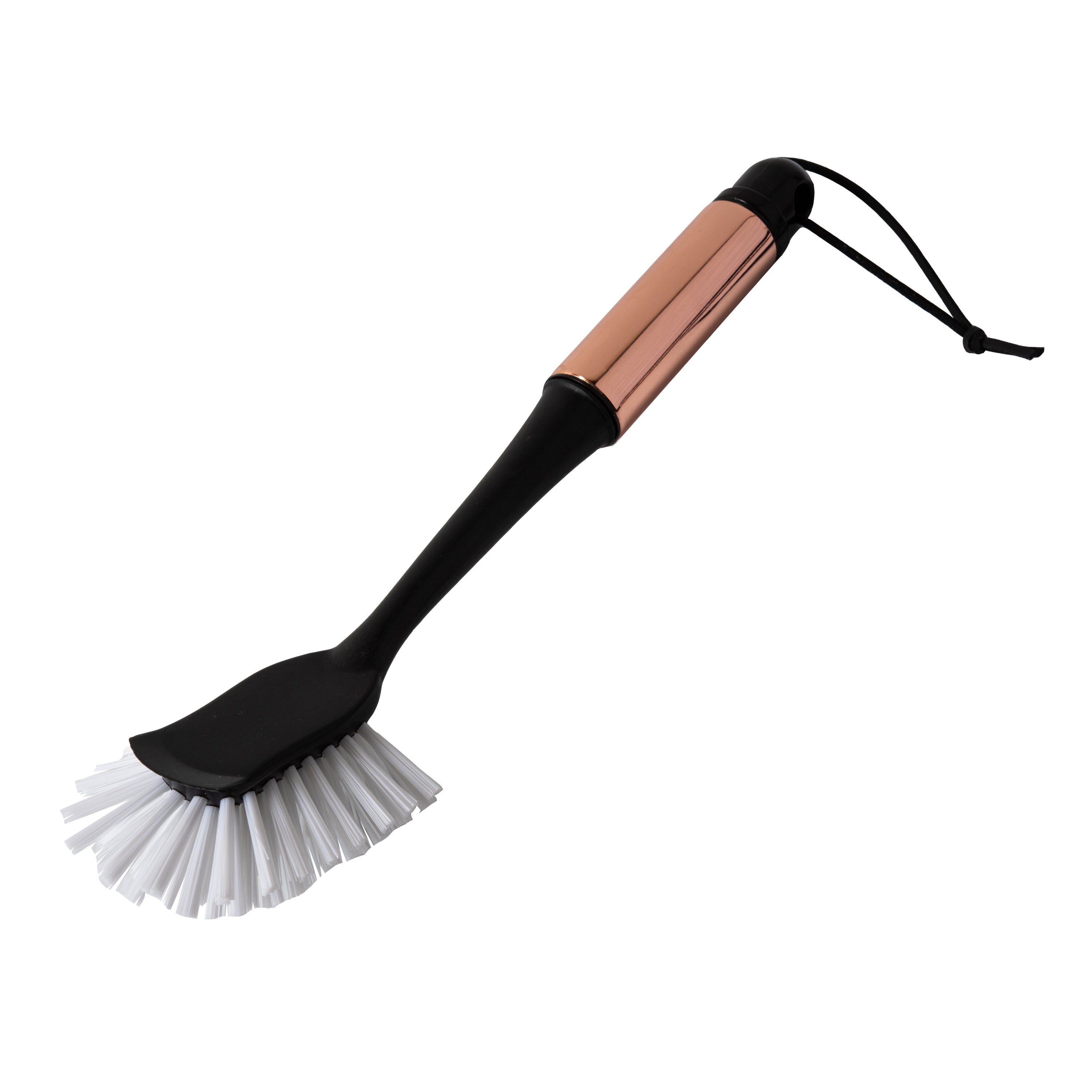 Black and rose gold brush with white bristles on a white background. Simply Clean Copper Dish Brush