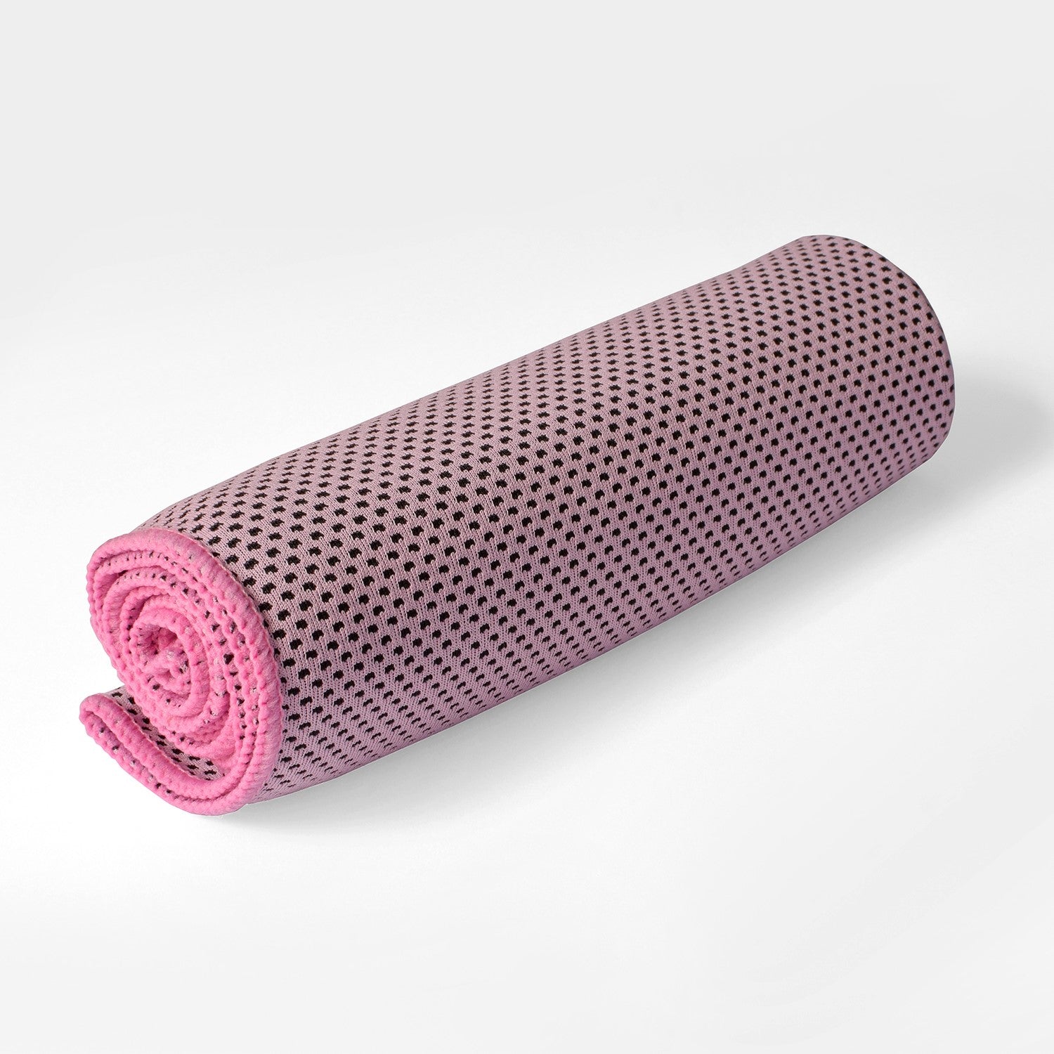 Pink cooling towel rolled up on a light gray background. Simply Clean Active Body Cooling Towel for Sports