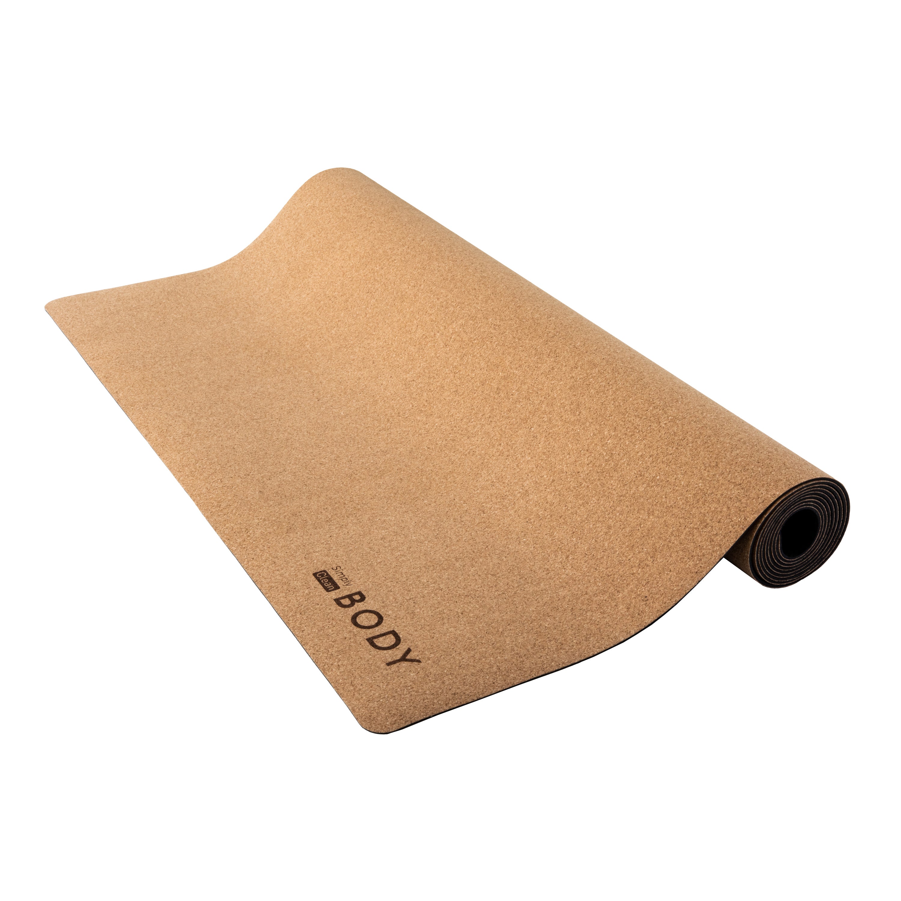 Cork yoga mat with 'BODY' branding on a white background. Simply Clean Active Cork Yoga Mat