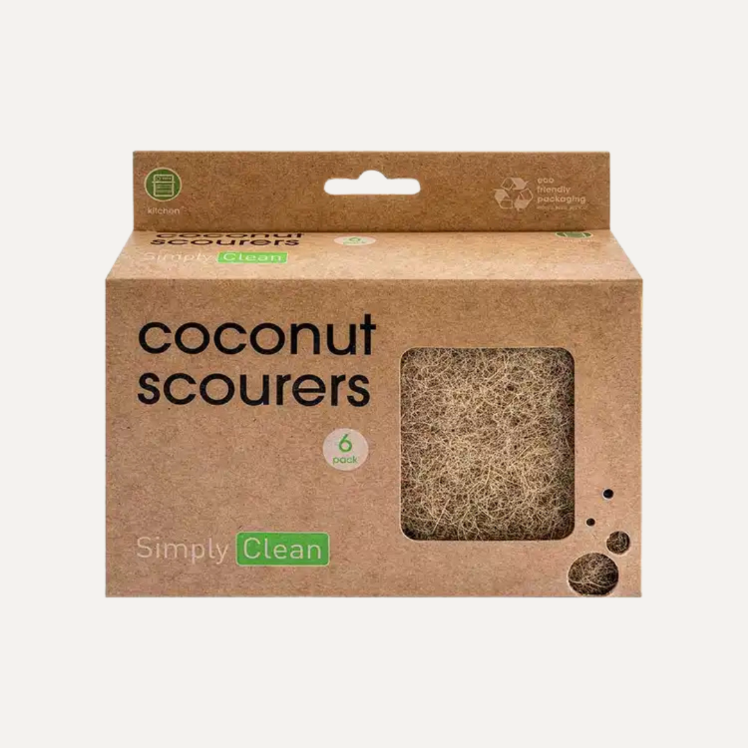Box of coconut scourers with 'Simply Clean' branding on a white background. Simply Clean Coconut Scourers