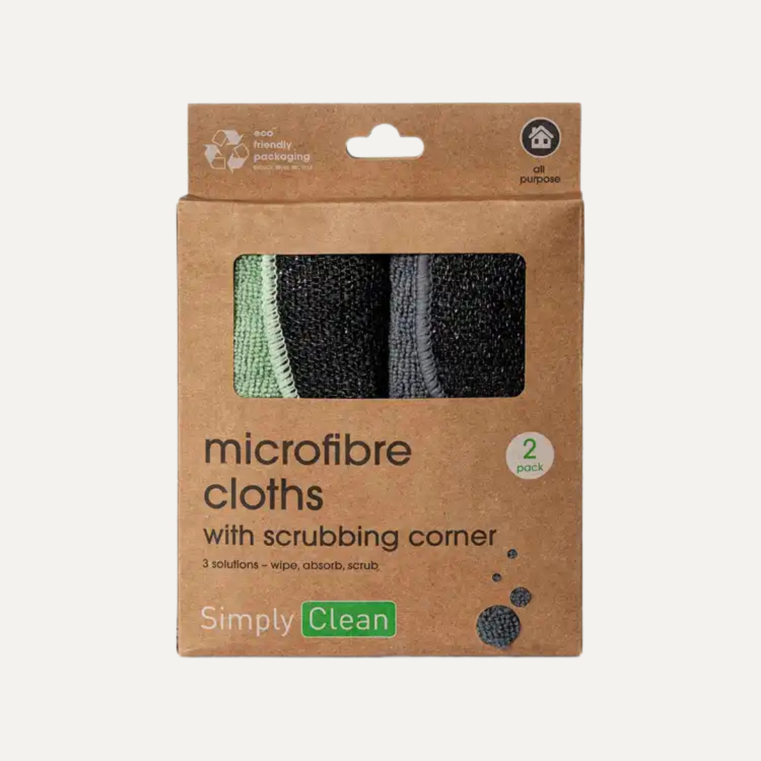 Packaging of microfibre cloths with a scrubbing corner on a white background. Simply Clean Microfibre Cloth with Scrubbing Corners