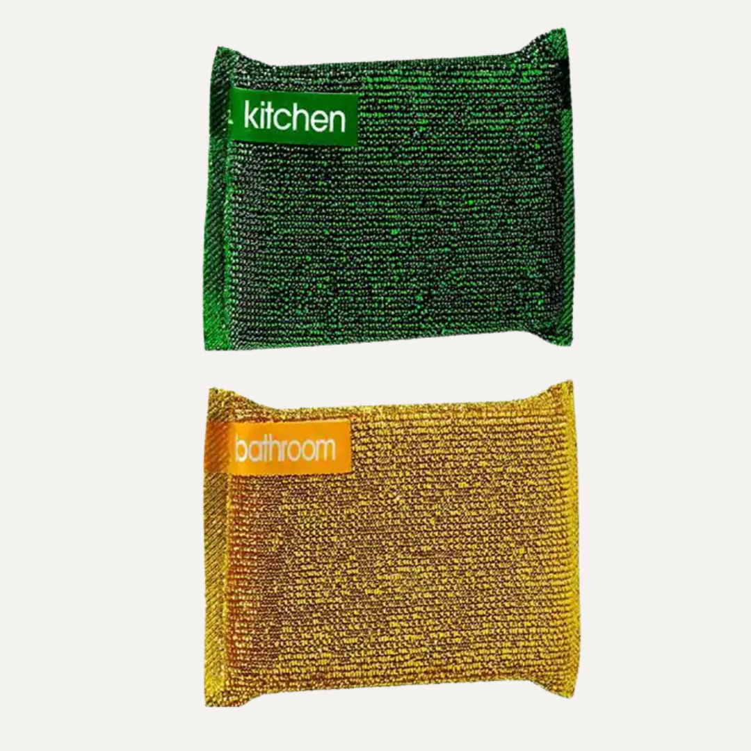 Two scrubber pads, one green labeled 'kitchen' and one yellow labeled 'bathroom', on a white background. Simply Clean Scrubber 2 Pack